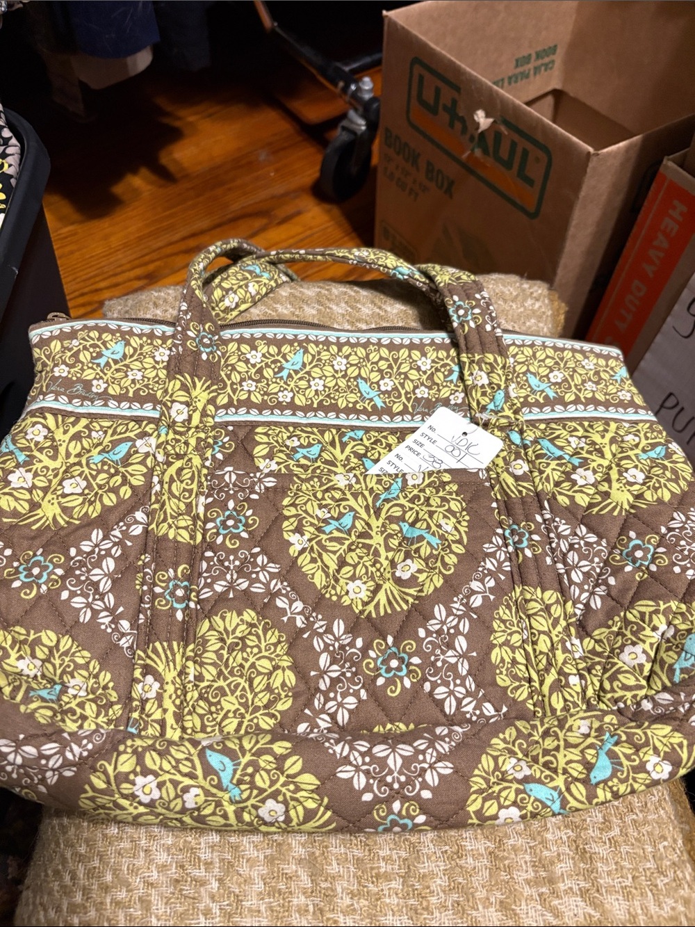 Vera Bradley Brown Quilted Tote with Yellow and Aqua Floral Print